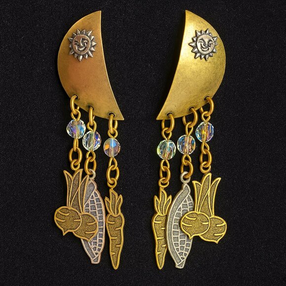 Susan L. Richardson 1994 Signed Botanical Veggie Statement Earrings 3" - Picture 1 of 8